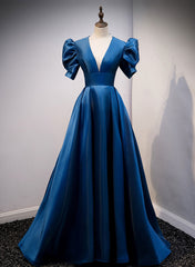 Blue Satin Long Prom Dress with Short Sleeves, Blue Evening Formal Dress