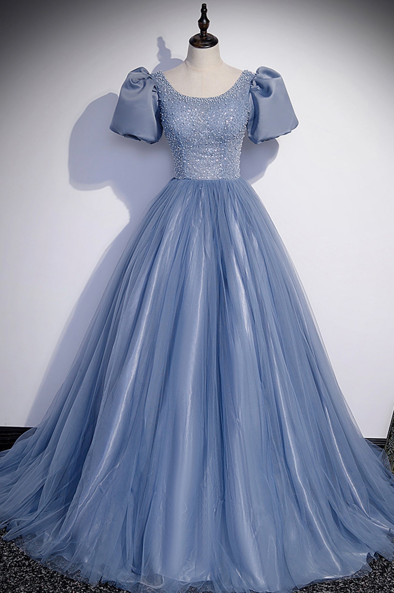 Blue Scoop Tulle Long Prom Dress, A-Line Short Sleeve Formal Dress