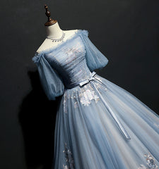 Blue Short Sleeves Long Tulle with Flower Applique Party Dress, Blue Sweet 16 Dress