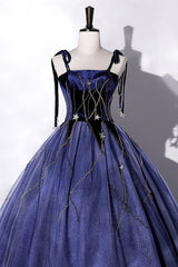 Blue Spaghetti Strap Tulle Long Prom Dress with Star, Blue Evening Party Dress