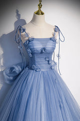 Blue Spaghetti Strap Tulle with Flowers Long Formal Dress, Blue Party Dress with Bow