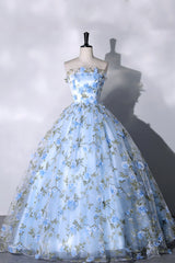 Blue Strapless Tulle Long Prom Dress, A-Line Evening Dress Party Dress