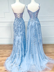 Blue Sweetheart Neck Lace Long Prom Dresses, Blue Lace Graduation Dress