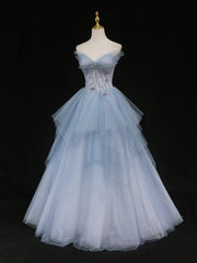 Blue Sweetheart Neck Tulle Long Prom Gown, Blue Long Formal Graduation Dress