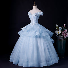 Blue Tulle Ball Gown Off Shoulder Layers Sweet 16 Dress, Blue Formal Dress with Lace