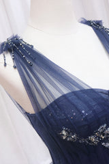 Blue Tulle Beaded Long Prom Dress, Blue A-Line Evening Party Dress