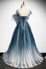 Blue Tulle Beading Long A-Line Prom Dress, Scoop Neckline Evening Dress