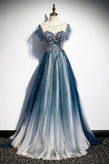 Blue Tulle Beading Long A-Line Prom Dress, Scoop Neckline Evening Dress