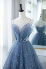 Blue Tulle Gorgeous V Neck Long Prom Dress, A-line Tulle Formal Evening Dress