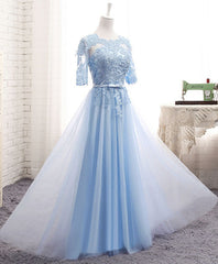 Blue Tulle Lace Long Prom Dress Blue Tulle Bridesmaid Dress