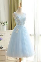 Blue Tulle Lace Short Prom Dress, A-Line Homecoming Party Dress