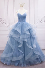 Blue Tulle Layers Long Party Dress Prom Dress, Sweet 16 Dresses