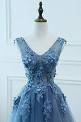 Blue Tulle V-neckline Long Party Dress , Tulle Formal Dress