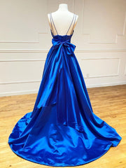 Blue v neck satin long prom dress,  blue evening dress