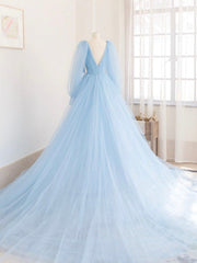 Blue V-Neck Tulle Long Prom Dress, A-Line Long Sleeve Evening Dress