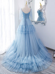 Blue v neck tulle long prom dress, blue tulle formal dress