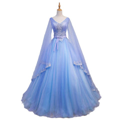 Blue V-neckline Prom Dress with Long Sleeves, Lace Applique Party Dress For Teen