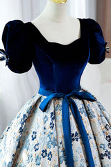 Blue Velvet Floral Long Ball Gown, A-Line Short Sleeve Formal Evening Dress