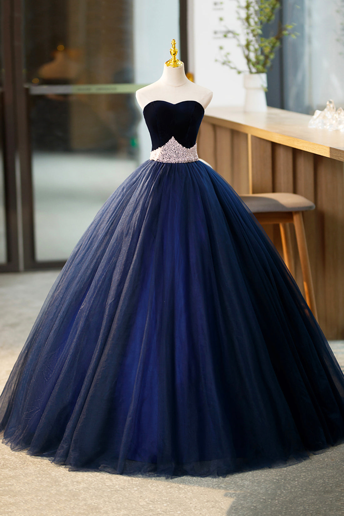 Blue Velvet Tulle Long Prom Dresses, Blue Evening Party Dresses