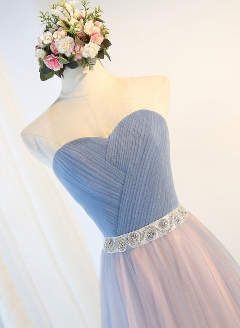 Blue Tulle Long Prom Dresses, A-Line Strapless Evening Dresses