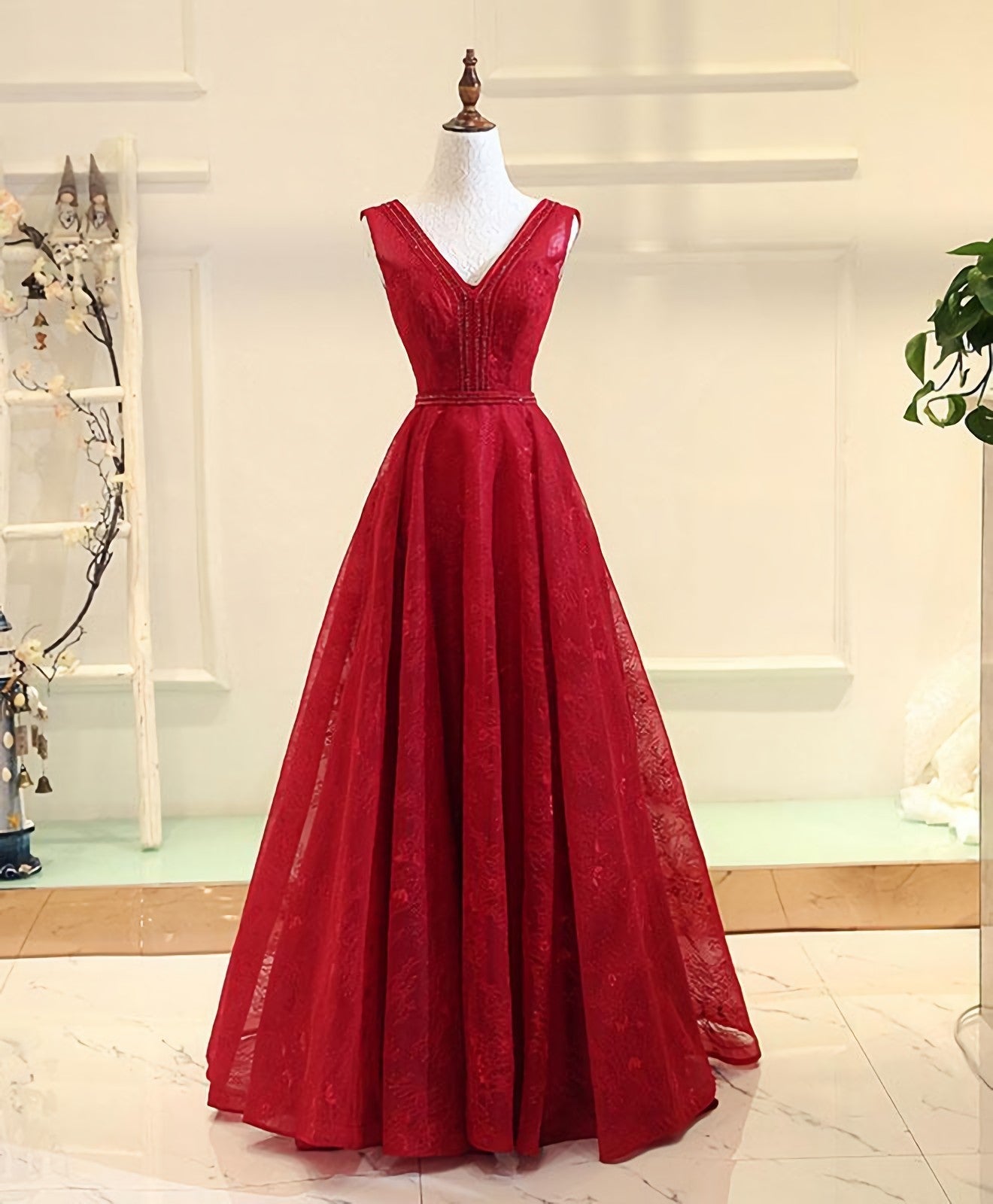 Burgundy V Neck Lace Long Prom Gown Burgundy Evening Dress