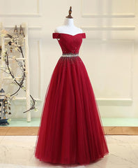 Burgundy Tulle Off Shoulder Long Prom Dress, Burgundy Evening Dress