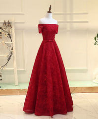 Burgundy Line  Lace Long Prom Dress, Burgundy Evening Dress