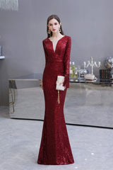 Long Sleeve V Neck Floor Length Crystal Beaded Sequins Mermaid Prom Dresses