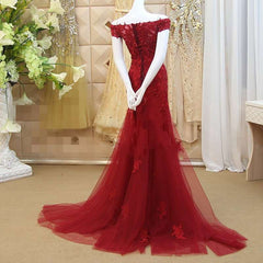 Burgundy Mermaid Tulle Evening Gown with Lace Applique, Off Shoulder Prom Dress