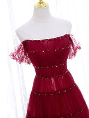 Burgundy Off Shoulder Long Prom Dress, Burgundy Formal Dress with Beading Sequin