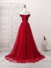 Burgundy Off Shoulder Tulle Lace Applique Long Prom Dress, Evening Dress