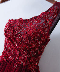 Burgundy One Shoulder Long Prom Dress, Lace Evening Dress