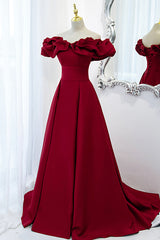 Burgundy Satin Long Prom Dress, A-Line Off Shoulder Evening Party Dress