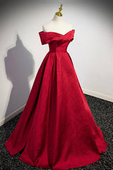 Burgundy Satin Long Prom Dress, Off Shoulder Evening Party Dress