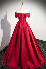 Burgundy Satin Long Prom Dress, Off Shoulder Evening Party Dress