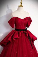 Burgundy Satin Tulle Long Prom Dress, Off Shoulder Evening Dress