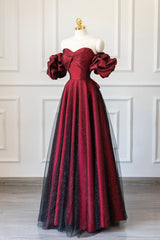 Burgundy Satin Tulle Long Prom Dress, Off Shoulder Evening Party Dress