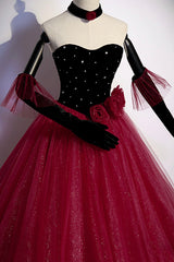 Burgundy Strapless Tulle Long Prom Dress, A-Line Evening Party Dress