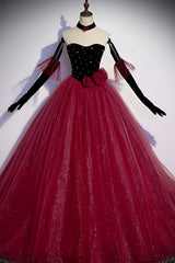 Burgundy Strapless Tulle Long Prom Dress, A-Line Evening Party Dress