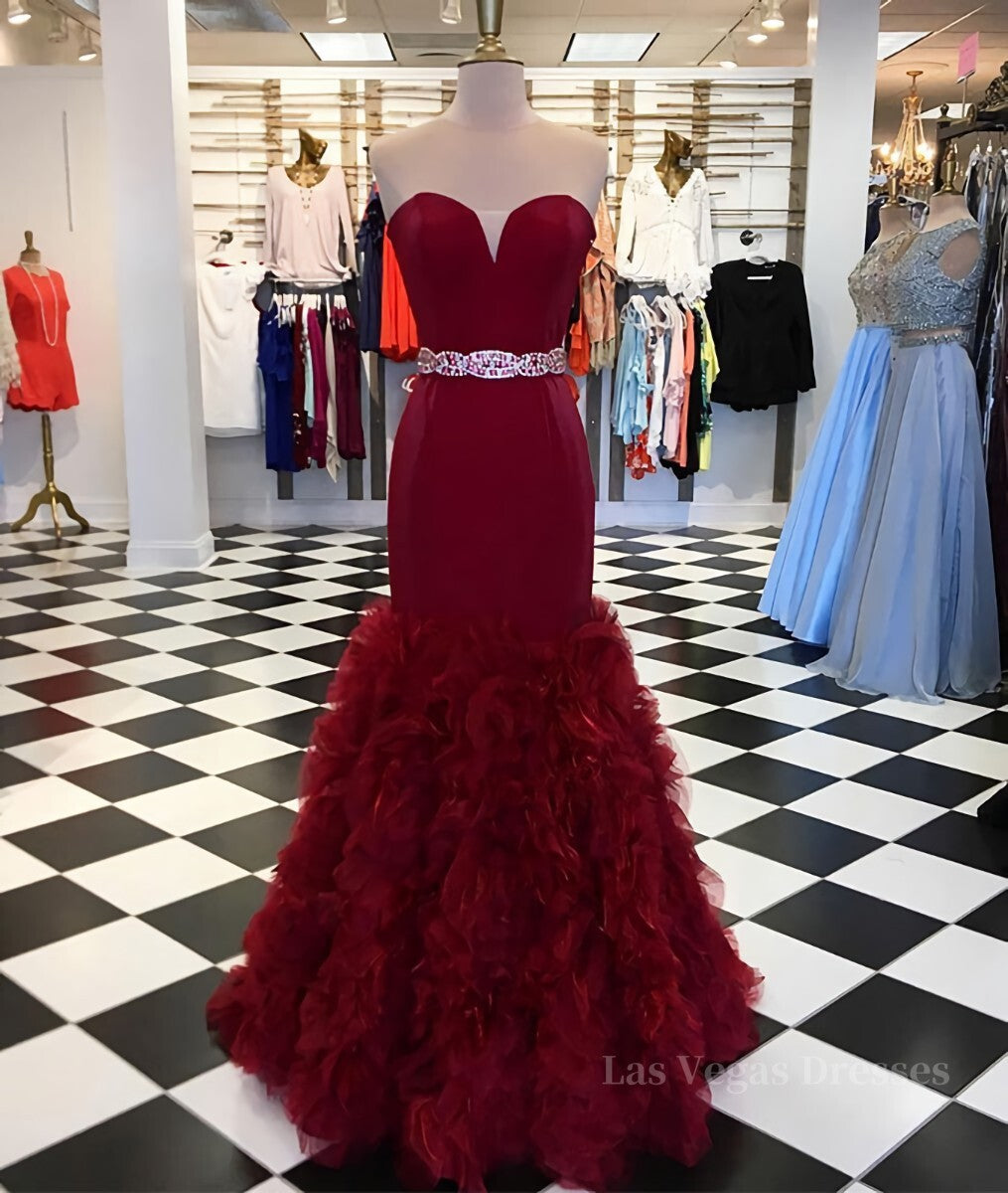 Burgundy sweetheart mermaid long prom dress, burgundy evening dress