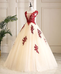 Burgundy Tulle Beads Lace Long Prom Dress Sweet 16 Dress