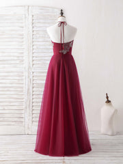 Burgundy Tulle Beads Long Prom Dress Burgundy Evening Dress