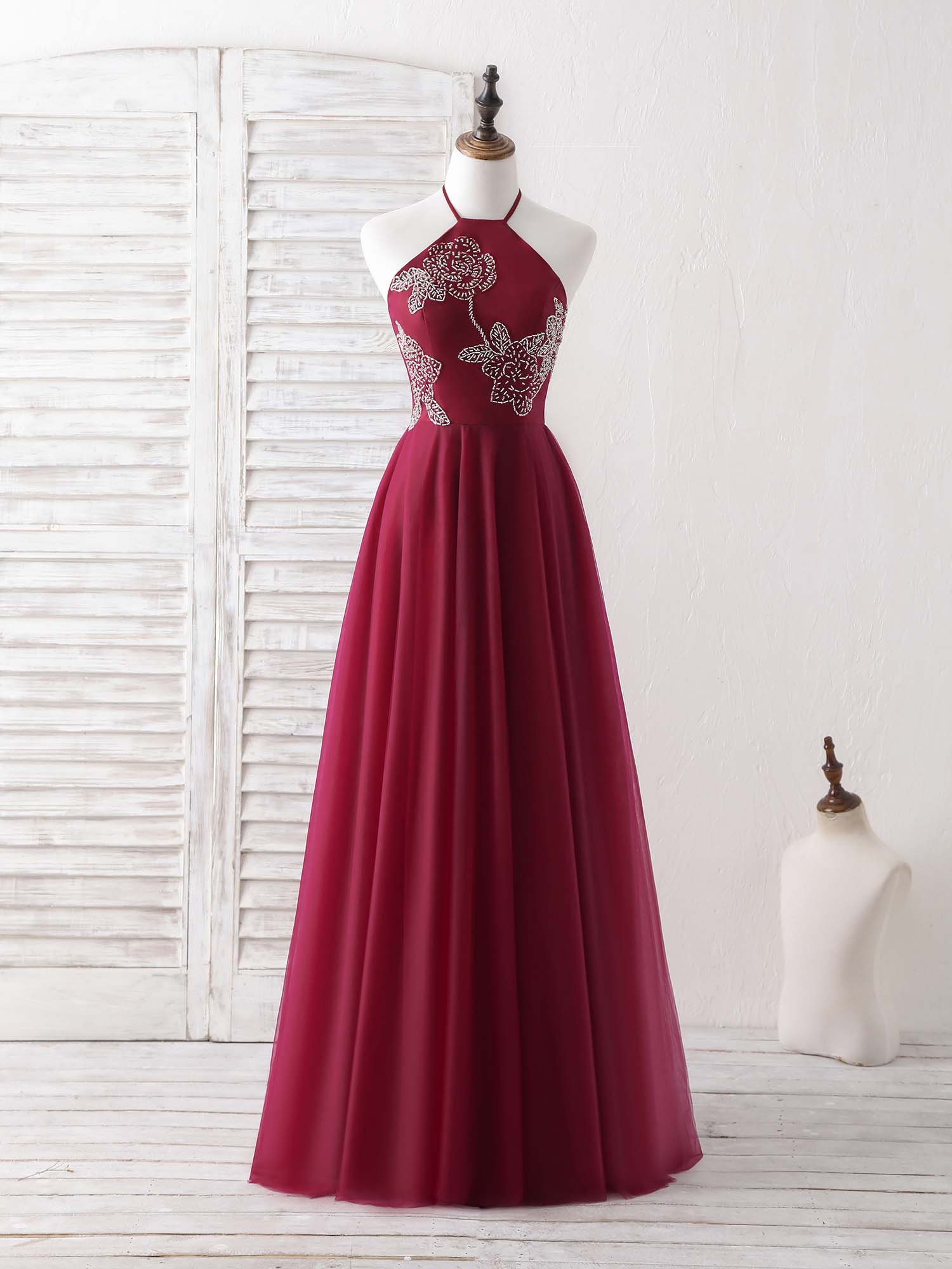 Burgundy Tulle Beads Long Prom Dress Burgundy Evening Dress