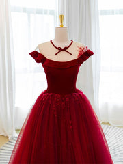 Burgundy tulle lace long prom dress, burgundy tulle evening dress