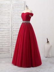 Burgundy Tulle Sweetheart Neck Long Prom Dress, Burgundy Evening Dress