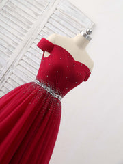 Burgundy Tulle Sweetheart Neck Long Prom Dress, Burgundy Evening Dress