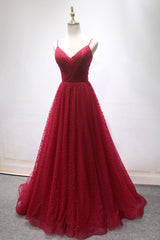 Burgundy V-Neck Tulle Long Prom Dress, A-Line Backless Evening Party Dress