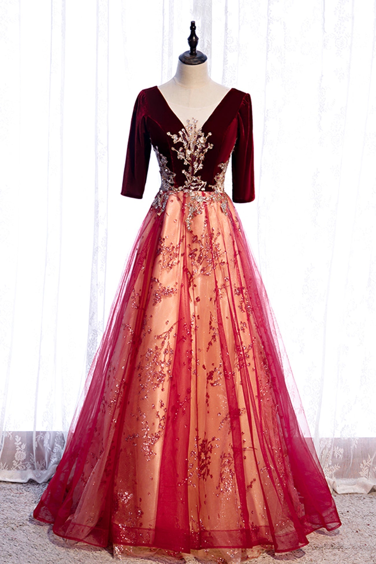 Burgundy V-Neck Velvet Tulle Long Prom Dress, A-Line 1/2 Sleeve Evening Dress