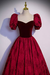 Burgundy Velvet Long A-Line Prom Dress, Burgundy Short Sleeve Evening Dress