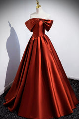 Caramel Floor Length Satin Formal Dress, Cute Off Shoulder A-line Evening Dress